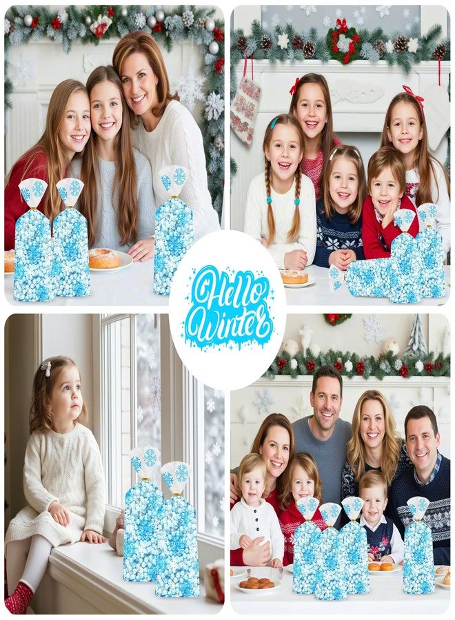 Litmitfu 100 Pcs Winter Snowflake Treat Bags - Christmas Gift Bags, Blue White Plastic Snowflakes Cello Candy Goodie Cookie Snack Cellophane Bag with Twist Ties for Xmas Holiday Winter Wonderland Party Favors - Image 2